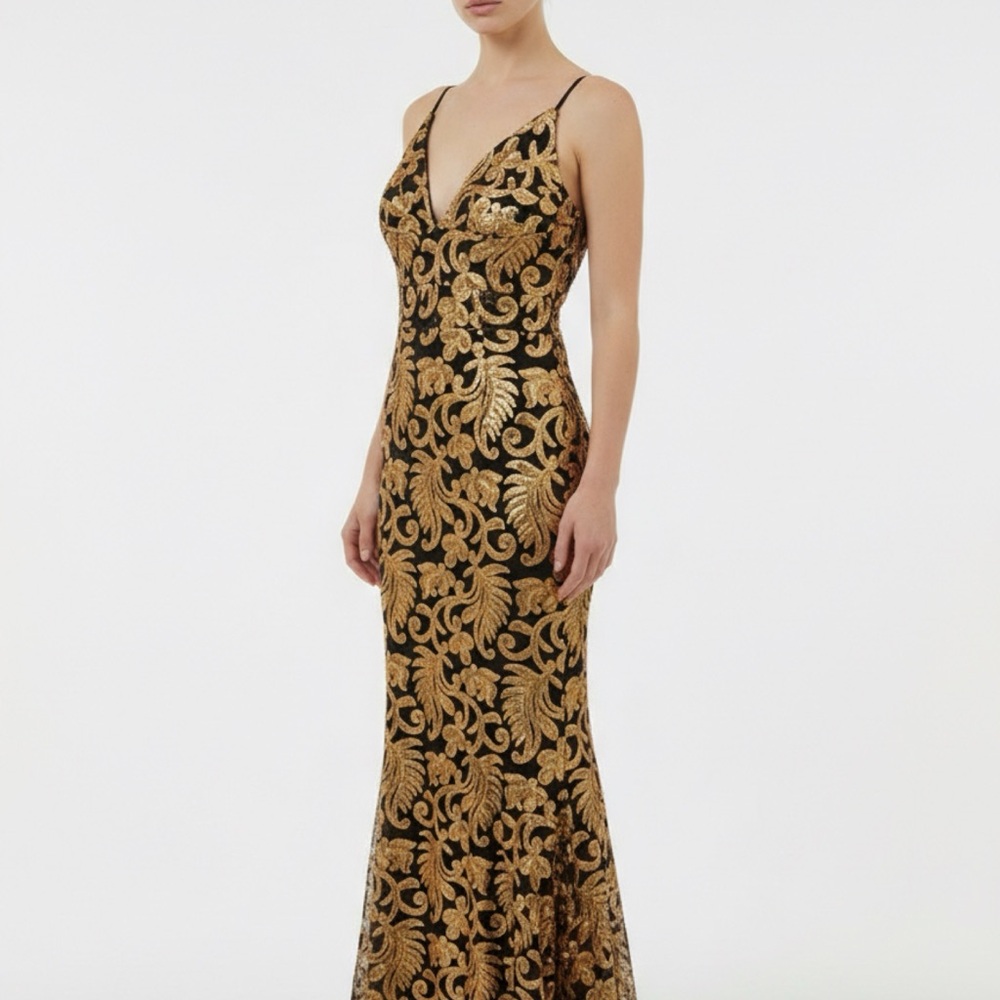 Windsor Black And Gold Backless Dress (Size Med); Adjustable Straps. #317 View 3
